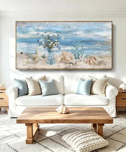 Vista 22 de Arte de pared para decoración de baño, imagen de playa azul, tema oceánico, impresión en lienzo de flores, pintura moderna de paisaje marino
