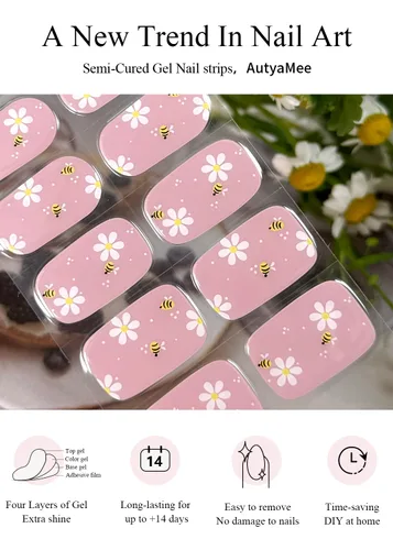 Vista 4 de AutyaMee Tiras de uñas de gel semicuradas (abeja y flor), 20 unidades de envolturas de uñas de gel, calcomanías, rosa nude, calidad de salón