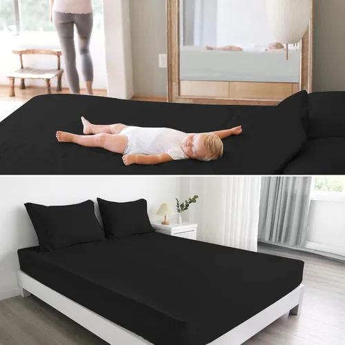 Vista 6 de Paquete de 2 fundas protectoras de colchón tamaño individual, sábana bajera impermeable para cama individual Negro