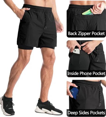 Vista 2 de Aolesy Pantalones cortos de correr 2 en 1 para hombre, pantalones cortos deportivos de entrenamiento para hombre, de secado rápido, ligeros