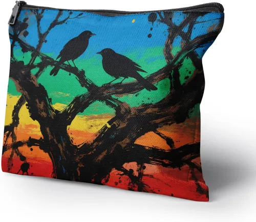 Vista 2 de Cafl Bolsa de maquillaje para mujeres y niñas, organizador de viaje portátil de gran capacidad, 10 x 8 pulgadas, Par de mirlo posado en ramas