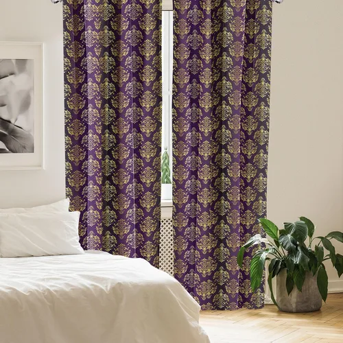Vista 4 de Ambesonne Yellow Damask Curtains, Graphic Pattern of Oriental Leaf and Dot Repeating Print, Window Treatments 2 Panel Set for Living Room Bedroom