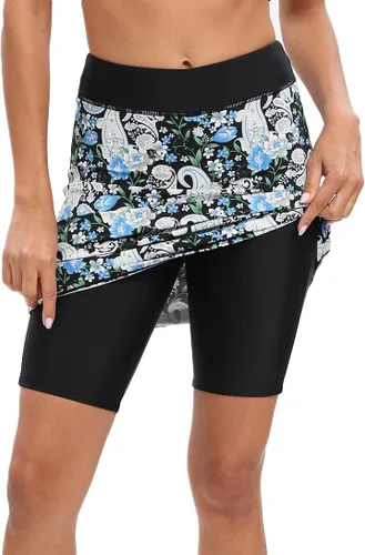 Vista 9 de Pantalones cortos de natación con falda para mujer, protección solar UPF 50+, parte inferior de natación con falda adjunta Negro