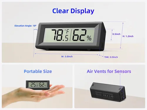 Vista 2 de Higrómetro digital pequeño, medidor de humedad, termómetro interior, monitor de temperatura ambiente y humedad, medidor con sensor preciso