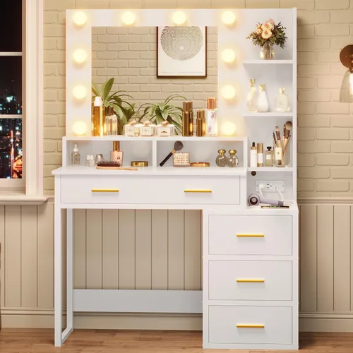 Vista 7 de Tiptiper - Tocador de maquillaje blanco con 10 bombillas, mesa de tocador moderna con espejo y 3 modos de iluminación, mesa de maquillaje con 2