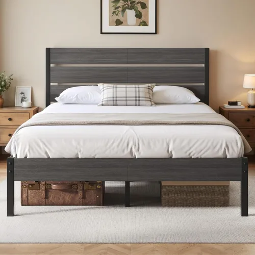 Vista 15 de Fluest Base de cama con cabecera y estribo, con almacenamiento debajo de la cama, sistema de soporte totalmente metálico, no necesita somier, fácil