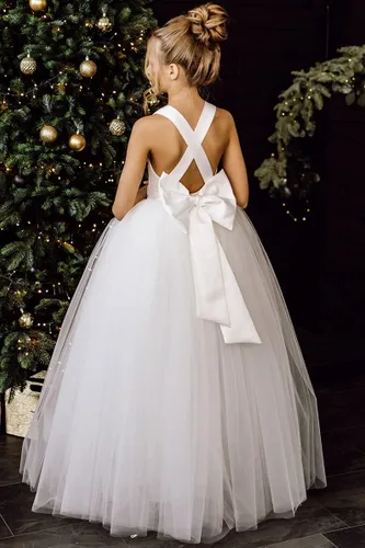 Vista 4 de JISISANG Vestido largo de satén con tirantes cruzados para niña de flores, vestido de graduación con lazo hinchado de tul para concurso de belleza