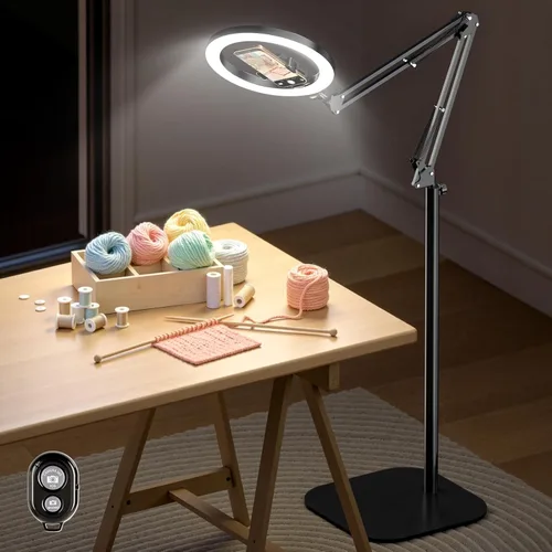 Vista 12 de Anillo de luz con soporte para escritorio, soporte de teléfono superior ajustable con trípode de luz de anillo de 10 pulgadas para iPhone, trípode