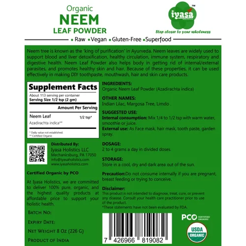 Vista 2 de Iyasa Holistics - Polvo orgánico de neem de hojas enteras – Hierba Ayurveda orgánica USDA – Vegano crudo sin OMG – Cuidado del cabello y la piel