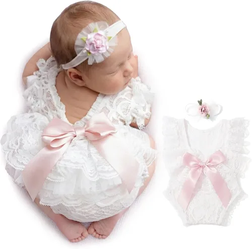 Vista 9 de ForBaysy Accesorios de Fotografía para Recién Nacidos Conjunto de Niña Mameluco de Encaje a Juego con Linda Diadema de Flores Vestido para Recién