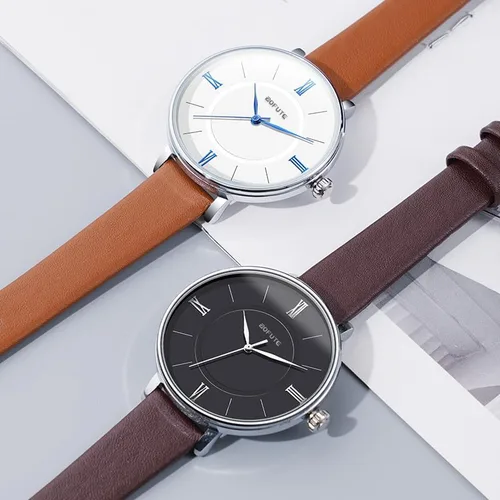 Vista 2 de Reloj de pulsera delgado de cuarzo para mujer con correa de cuero reloj redondo casual
