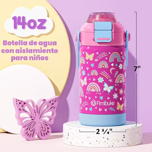 Vista 5 de Botella de agua aislada para niños con pop-open pajita y pico 2-en-1, botella de agua aislada de 14 onzas para niños, botella de acero inoxidable