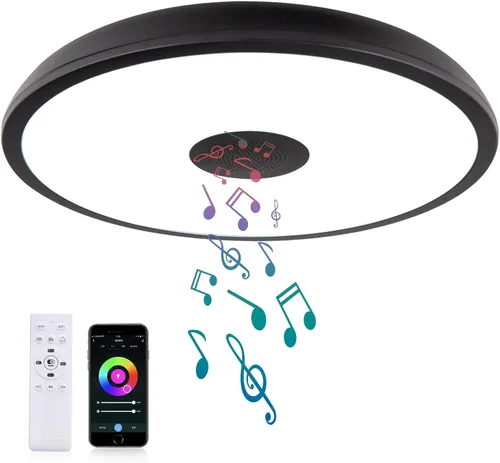 Vista 9 de Lámpara de techo LED inteligente impermeable de montaje empotrado, con altavoz Bluetooth, 28 cm, 18 vatios, lámpara de música regulable, luz RGB