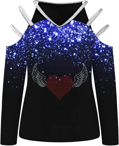 Vista 3 de Camisetas con hombros descubiertos para mujer, tallas grandes, sexy, de manga larga, color negro, con estampado de amor, con lentejuelas, estética