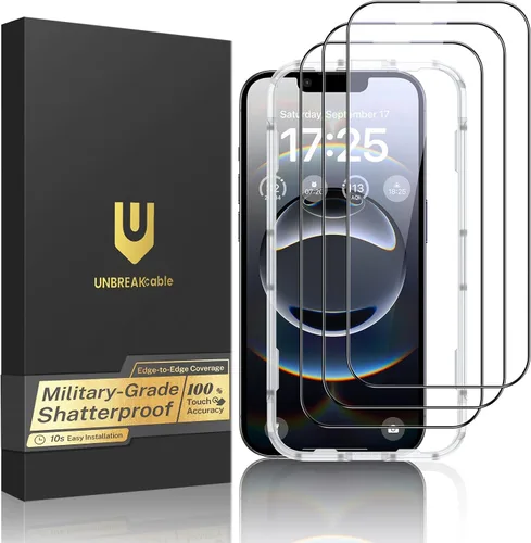 Vista 14 de UNBREAKcable Paquete de 3 protectores de pantalla para iPhone 15, vidrio templado doble a prueba de roturas [marco de instalación fácil]