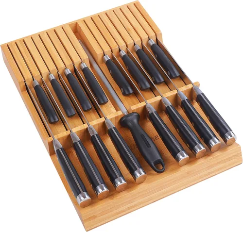 Vista 9 de Utoplike Organizador de cajón para cuchillos Bloque de cuchillos de bambú para cocina, Soporte para bistecs de mango grande, Apto para 9 cuchillos