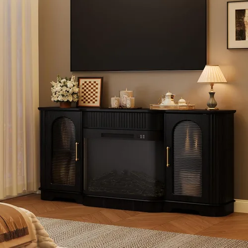 Vista 9 de Soporte de TV estriado de 70 pulgadas con chimenea eléctrica curvada Negro