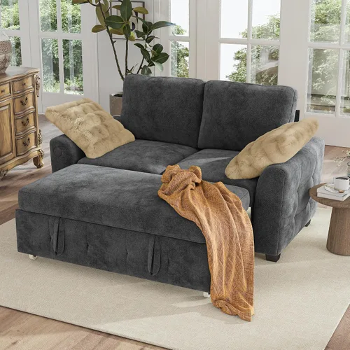 Vista 26 de Hanherry - Sofá seccional con sofá cama extraíble, sofá cama de chenilla con 2 asientos de almacenamiento y carga USB, cómodos sofás modulares