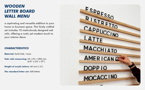Vista 4 de Inko Horeca Tablero de Letras de Madera para Pared - Juego de 10 Rieles de Roble + 400 Letras Negras Intercambiables - Estante Flotante de Rieles