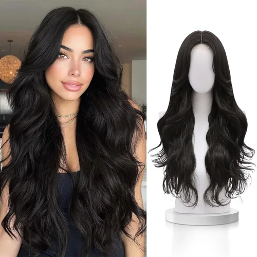 Vista 29 de VERNA - Peluca rubia con flequillo, peluca sintética de aspecto natural, rizada, ondulada de 26 pulgadas, resistente al calor, estilo de parte media