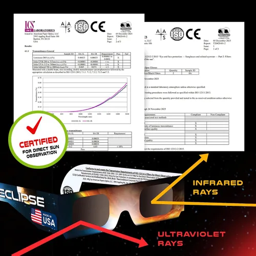 Vista 2 de 6/12/25/50 Pack Solar Eclipse Glasses AAS Approved 2026, ISO 12312-2 Certified Made in USA