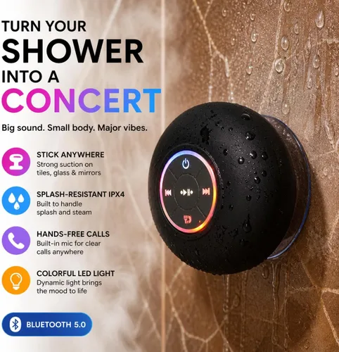 Vista 2 de Altavoz de ducha Bluetooth con LED – Altavoz mini inalámbrico portátil con micrófono y ventosa, resistente al agua IPX4 para ducha, viaje, piscina