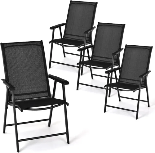 Vista 9 de Tangkula Juego de 2 sillas plegables para patio, sillas de comedor de tela para exteriores con respaldo alto y reposabrazos, marco de metal Negro