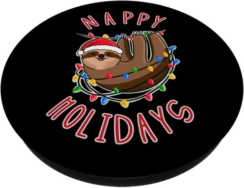 Vista 2 de ¡Vacaciones de pañales! Divertido perezoso enredado en luces navideñas PopSockets PopGrip estándar