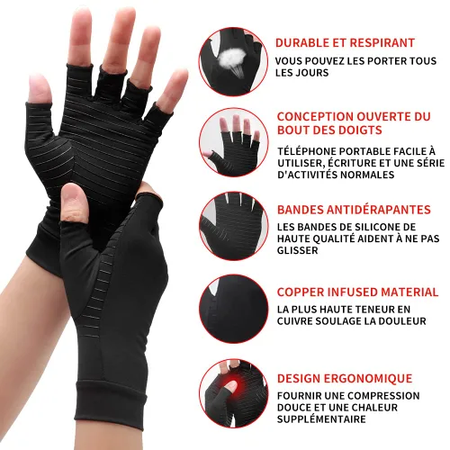 Vista 2 de Guantes de compresión de cobre para artritis, los mejores guantes con infusión de cobre para mujeres y hombres, guantes de artritis sin dedos