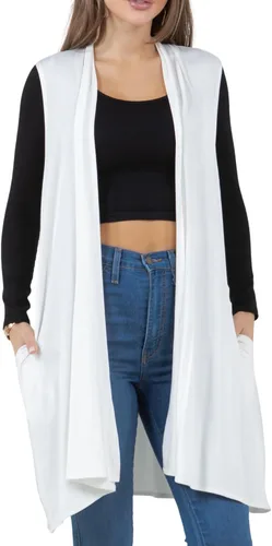 Vista 11 de Azules Cárdigan largo sin mangas para mujer con bolsillos, ligero frente abierto, capa elegante y fluida para el trabajo o uso casual