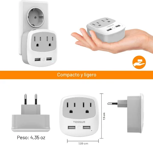 Vista 7 de TESSAN Convertidor de adaptador de enchufe europeo de viaje International Power Plug Converter, 2 USB Ports, Type C Outlet, US to Most of Europe