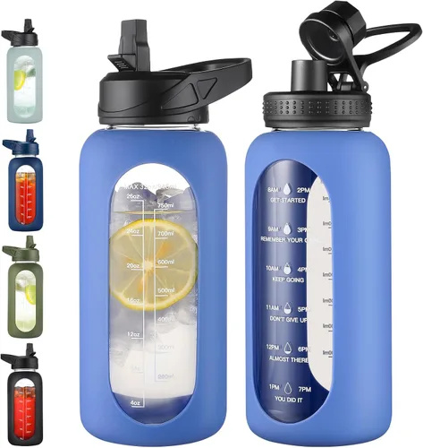 Vista 13 de EALGRO Botella de agua de vidrio de 32 onzas con popote y asa, frasco de agua motivacional deportivo con funda de silicona, taza grande a prueba