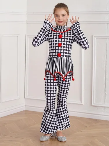Vista 4 de JEATHA Disfraz de payaso para niños y niñas, diseño de rayas y lentejuelas, pantalones acampanados para Halloween