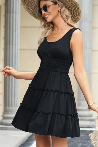 Vista 8 de Dokotoo Vestidos de verano para mujer, sin mangas, con botones, cintura elástica, volantes, escalonados, casual, con vuelo, mini vestido