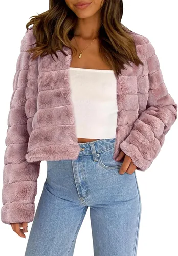 Vista 12 de Allegra K Abrigo chaqueta de piel sintética para mujer de manga larga recortado esponjoso sin cuello casual cálido de invierno ropa exterior