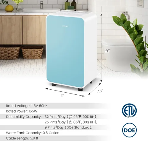 Vista 6 de COSTWAY Deshumidificador de 2500 pies cuadrados para sótano, 32 pintas, deshumidificador silencioso portátil para dormitorio, baño, con modo de Azul