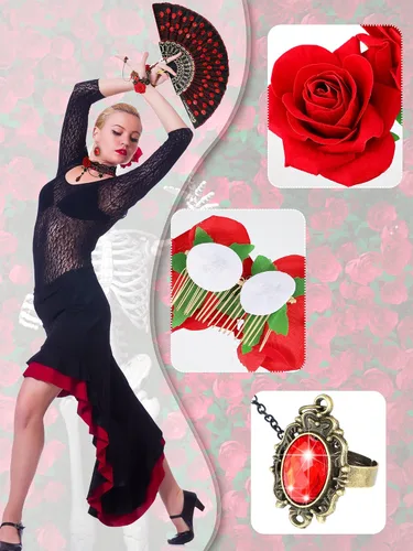 Vista 5 de BBTO 5 piezas de Halloween Rose Flamenco Mujer Accesorios Niña Rosa Flor Pinza para el pelo, Abanico Plegable de Tela de Lentejuelas, Gargantilla