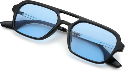 Vista 3 de Hycredi Lentes de sol planos estilo aviador retro de los años 70, gafas cuadradas vintage de moda para mujeres y hombres, diseño de metal, sombras