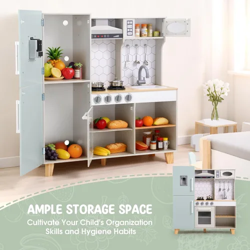 Vista 3 de Play Kitchen - Juego de cocina de juguete de madera para niños con luces y sonidos simulados, cocina de madera Montessori con fregadero, estufa