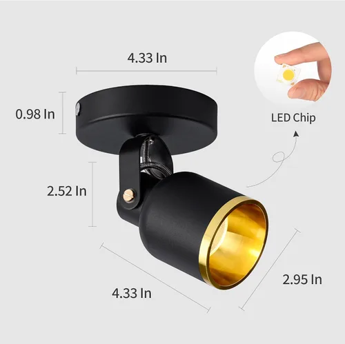 Vista 6 de Aisilan - Foco de techo LED regulable negro y dorado para interiores, ajustable, 180 grados, monopointo, luz blanca cálida, 3000 K, 7 W