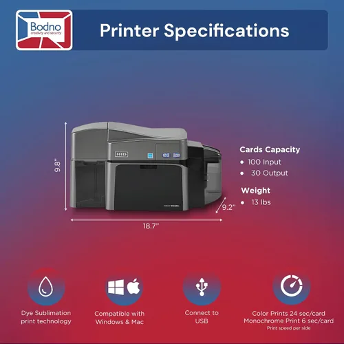 Vista 5 de Bodno Fargo DTC1250e Impresora de tarjetas de identificación de doble cara y paquete completo de suministros con software Bronze Edition