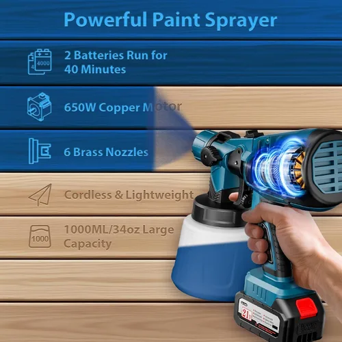 Vista 2 de Pulverizador de pintura, pulverizador de pintura inalámbrico de 650 W con batería, 6 boquillas de latón y 3 patrones de pulverización