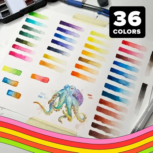 Vista 2 de Juego de pintura de acuarela profesional, 36 colores de agua, kit de pintura con paleta y pincel, pinturas de acuarela portátiles para viajes