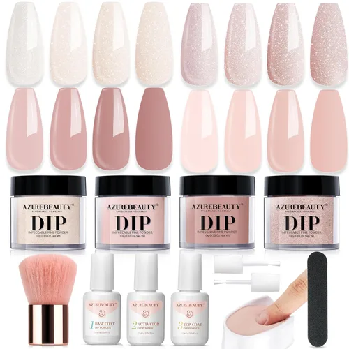 Vista 20 de Azurebeauty - Kit de iniciación de uñas en polvo de inmersión, 4 colores, purpurina de piel desnuda para todas las estaciones, juego de polvo