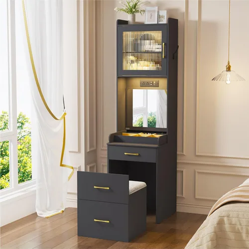 Vista 8 de Lvifur Escritorio de tocador 3 en 1 con espejo y luces, mesa de tocador de maquillaje con taburete acolchado, mesa de tocador compacta y escritorio