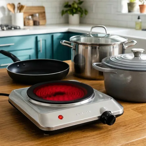 Vista 7 de OVENTE Quemador individual infrarrojo para encimera, placa eléctrica de 1000 W con placa de cocina de vidrio cerámico de 7.5 pulgadas, ajuste
