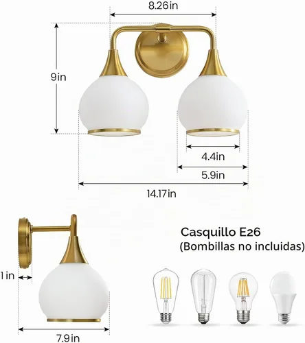 Vista 2 de Accesorios de iluminación de baño en oro cepillado, luces de tocador de 2 luces con pantalla de vidrio esmerilado blanco lechoso, lámpara de tocador