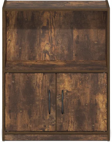 Vista 7 de Furinno Gruen - Estantería pequeña de 2 niveles, estantería con estante abierto y armario de almacenamiento de puertas, 9.3 x 21.8 x 27 pulgadas