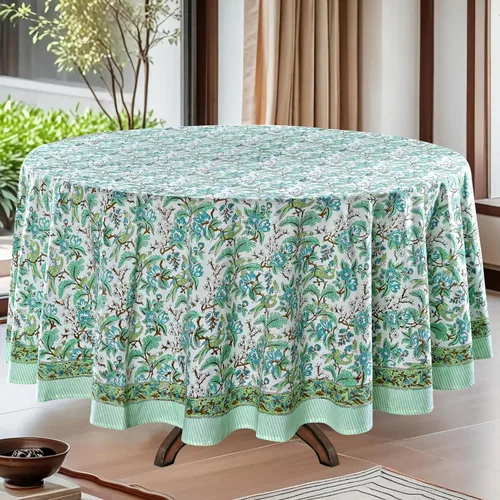 Vista 33 de Mantel redondo con estampado de bloque a mano, 100% algodón, reutilizable, color verde espárragos, 60 pulgadas, mantel decorativo para uso diario
