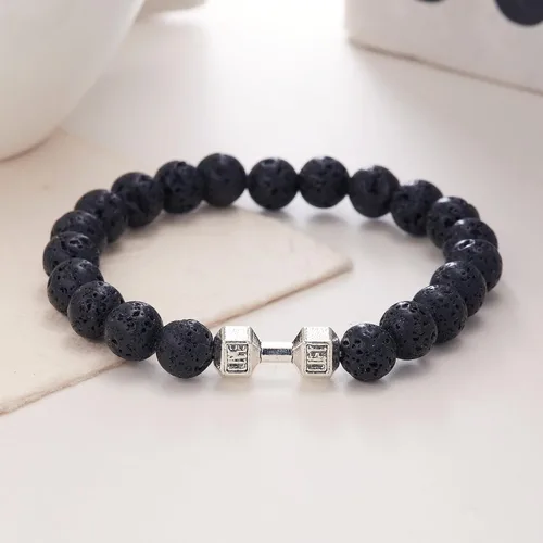 Vista 4 de Harlermoon Pulsera de gimnasia con mancuernas para hombres y mujeres, piedra de lava, ajustable, cuentas de piedra natural, pulsera de fitness